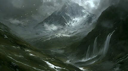 Dramatic landscape; snow-capped mountains, cascading waterfalls, moody sky, flock of birds.  Perfect for fantasy, adventure, or nature themes.