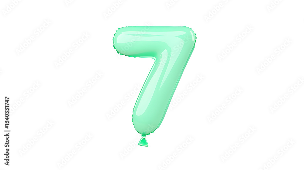 Aufkleber a glossy three dimensional metallic green number 7 foil balloon floating in mid air with reflections