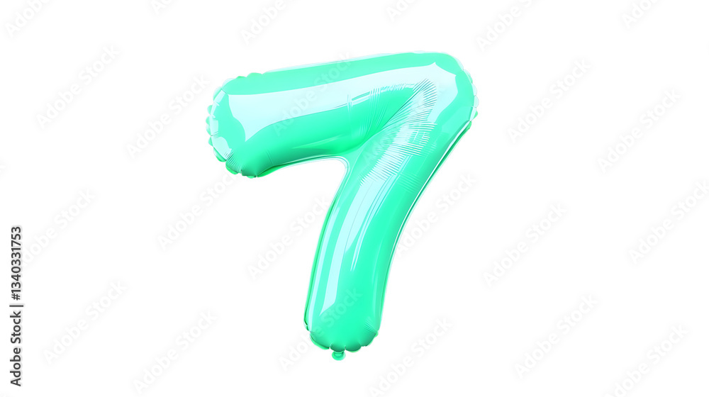 Poster A glossy three dimensional metallic green number 7 foil balloon floating effortlessly in mid air with reflections and smooth lighting against a transparent background