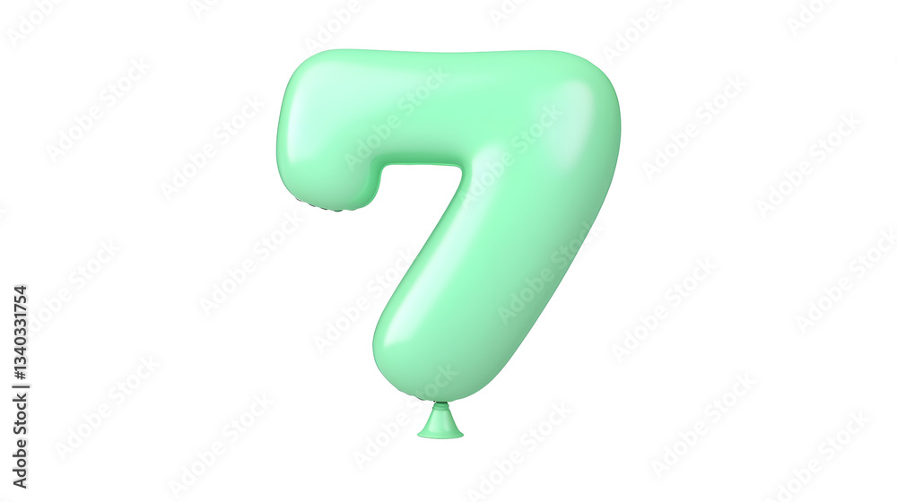 Poster A 3D rendered image of a smooth shiny green number 7 foil balloon with a polished reflective surface appearing to float on a transparent background with a soft shadow effect