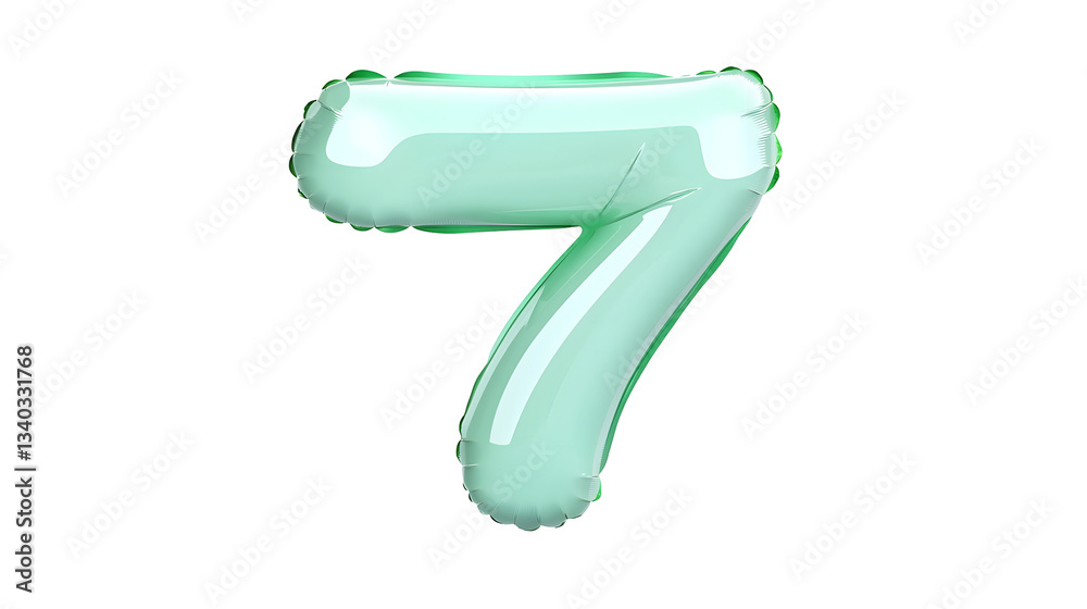 Poster a shiny reflective green foil balloon in the shape of the number 7 with a sleek and modern 3d appear