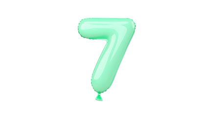 A glossy three dimensional metallic green number 7 foil balloon floating in mid air with reflections and smooth lighting