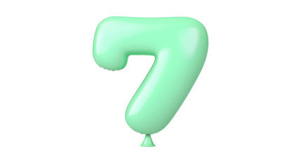 A 3D rendered image of a smooth shiny green number 7 foil balloon with a polished reflective surface appearing to float on a transparent background with a soft shadow effect