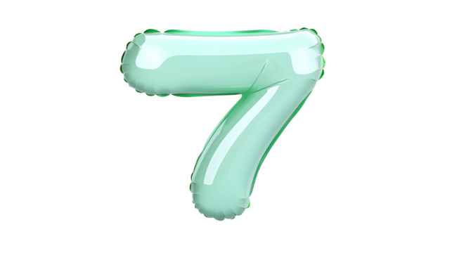 A shiny reflective green foil balloon in the shape of the number 7 with a sleek and modern 3D appearance against a clean transparent background