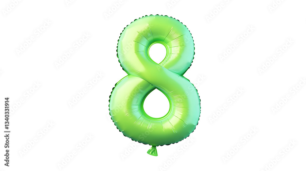 Poster A 3D rendered image of a shiny green number 8 foil balloon with a smooth reflective surface floating against a clean white background