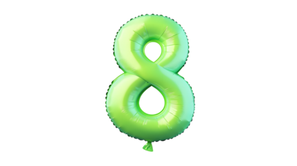 A 3D rendered image of a shiny green number 8 foil balloon with a smooth reflective surface floating against a clean white background