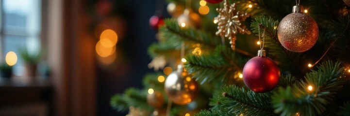 Obraz premium Close-up of a beautifully decorated Christmas tree with glittering baubles and twinkling lights, Christmas Tree, Winter Scene, Sparkling Tree