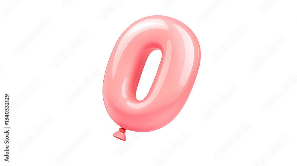 Poster Glossy three dimensional metallic pink number 0 foil balloon floating in mid air with reflections and smooth lighting on a transparent background