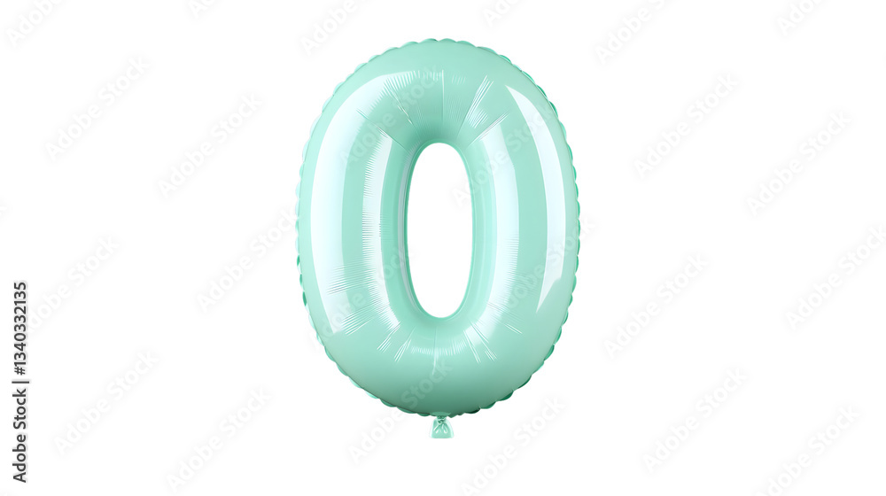 Poster A 3D rendering of a mint green foil balloon in the shape of the number 0 with a smooth polished surface and highlights appearing to float with a soft shadow effect against a black background