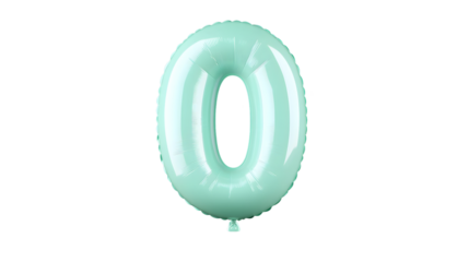 A 3D rendering of a mint green foil balloon in the shape of the number 0 with a smooth polished surface and highlights appearing to float with a soft shadow effect against a black background