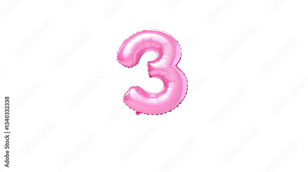 Fototapete vibrant pink metallic number 3 foil balloon floating in mid air with smooth lighting and reflections