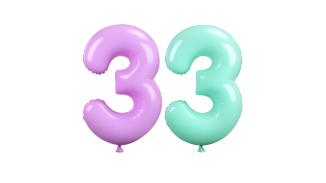 Two pastel colored number 3 balloons with a shiny glossy surface floating against a transparent background