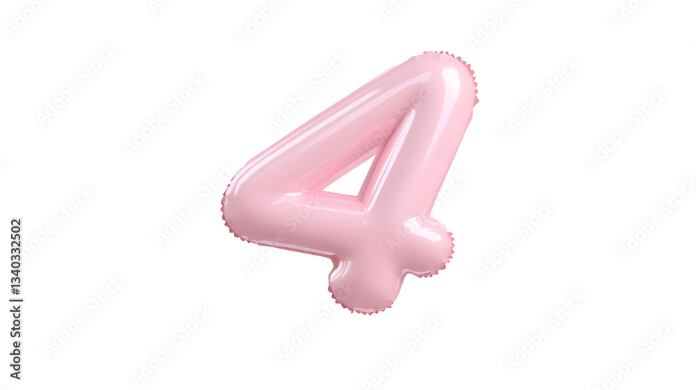 Poster A 3D rendering of a smooth shiny pink foil balloon in the shape of the number 4 floating with a soft shadow effect against a transparent background