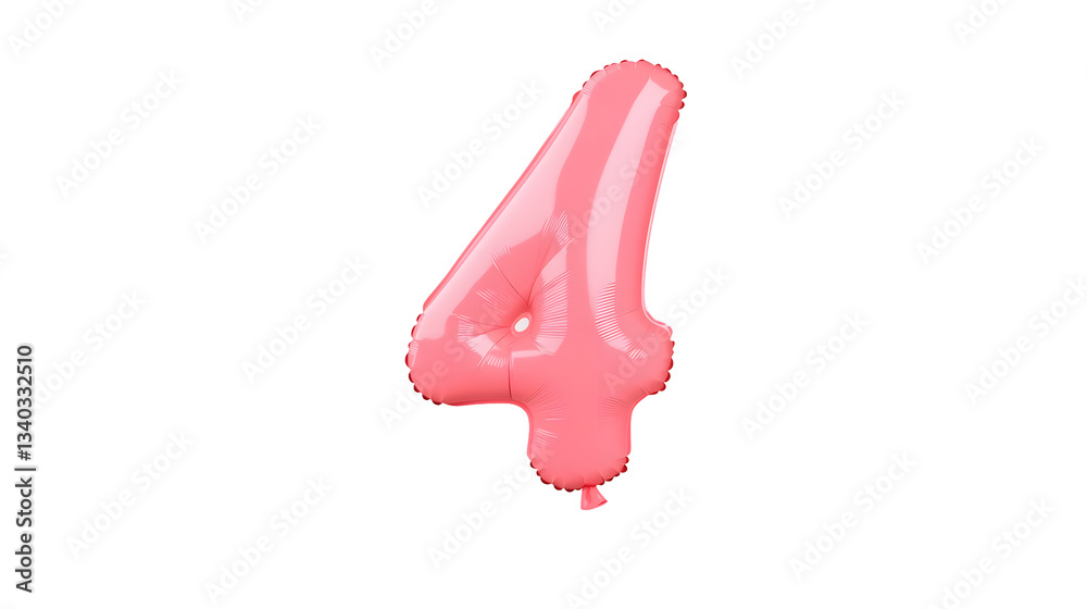 Poster A 3D rendering of a smooth polished pink number 4 foil balloon with a floating effect and soft shadow set against a clean white background
