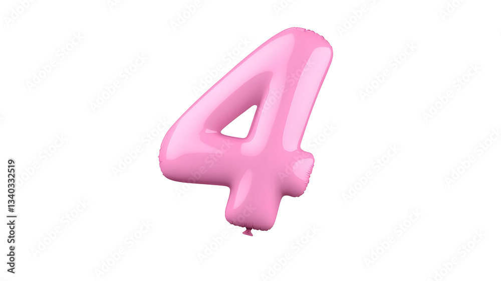 Fototapete a floating highly reflective metallic pink foil balloon in the 3d shape of the number 4 with a smoot