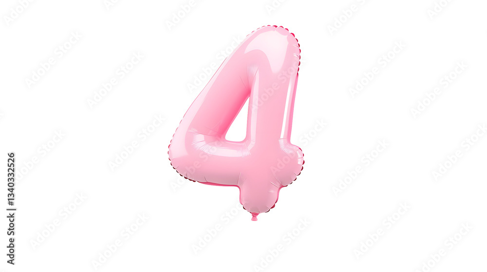 Poster Vibrant pink foil balloon in the shape of the number 4 with a smooth glossy and reflective metallic finish appearing to float effortlessly against a clean minimalist white background