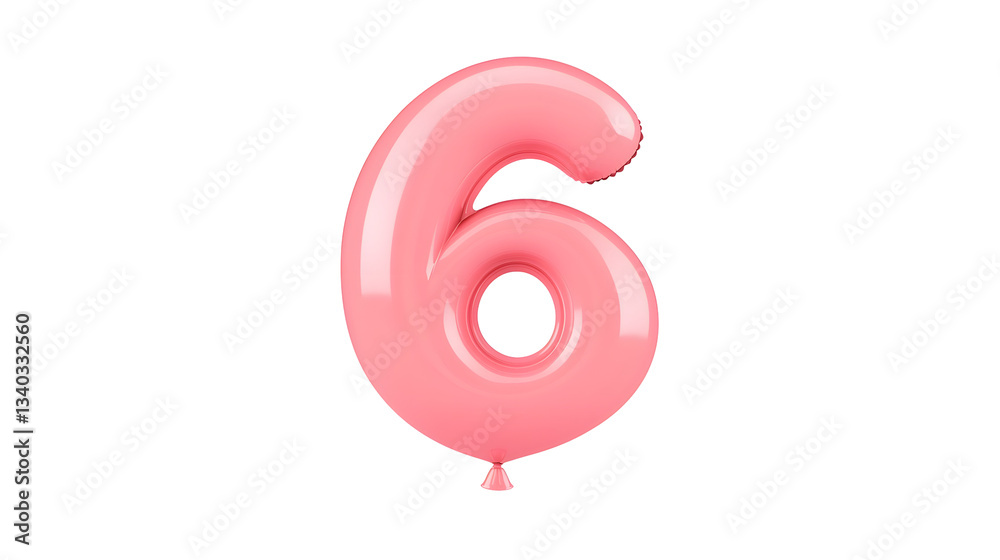 Poster A shiny three dimensional metallic pink foil balloon in the shape of the number 6 floating effortlessly against a clean transparent background with soft lighting and reflections