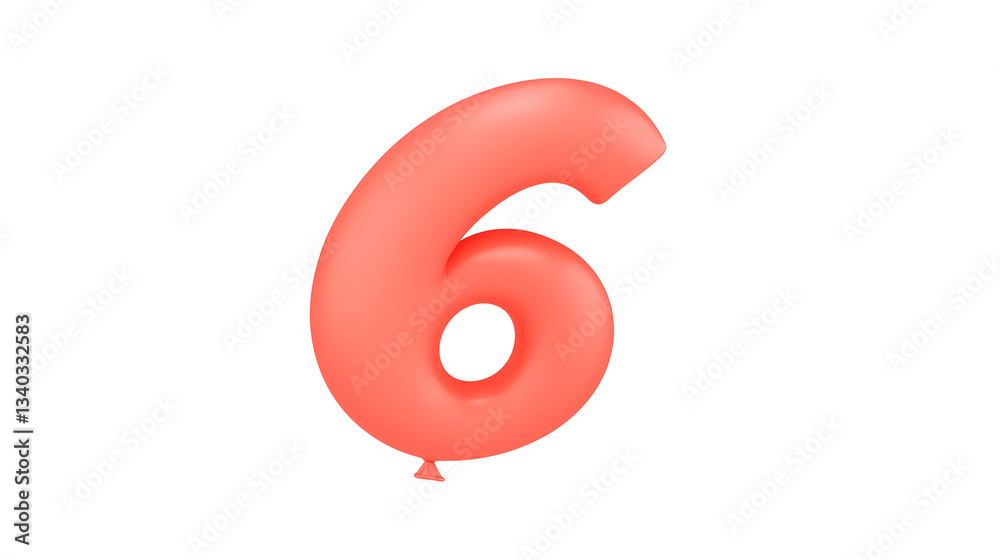 Aufkleber A floating reflective pink metallic foil balloon in the shape of the number 6 with a smooth glossy finish and a 3D effect against a transparent background