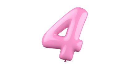 A floating highly reflective metallic pink foil balloon in the 3D shape of the number 4 with a smooth and glossy finish against a clean white background