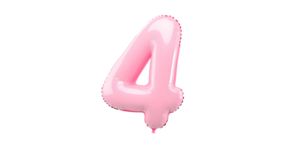Vibrant pink foil balloon in the shape of the number 4 with a smooth glossy and reflective metallic finish appearing to float effortlessly against a clean minimalist white background