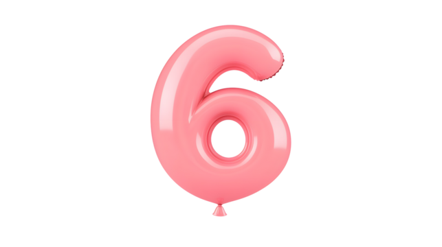 A shiny three dimensional metallic pink foil balloon in the shape of the number 6 floating effortlessly against a clean transparent background with soft lighting and reflections