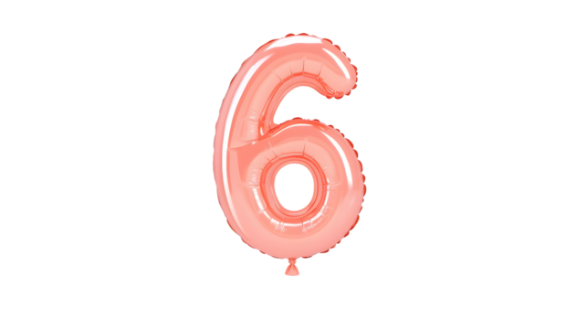 A metallic pink number 6 foil balloon floating in mid air with reflections and smooth lighting creating a glossy three dimensional appearance against a transparent background