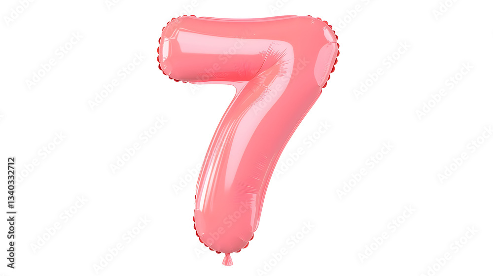 Poster A vibrant pink metallic foil balloon in the shape of the number 7 floating against a transparent background with a 3D effect