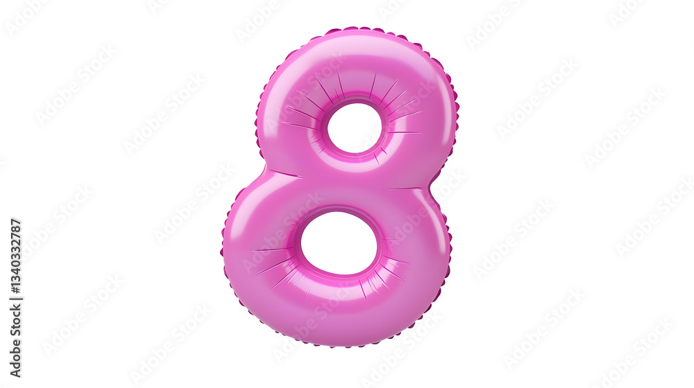 Poster A glossy three dimensional metallic pink number 8 foil balloon floating in mid air with reflections and smooth lighting set against a clean transparent background