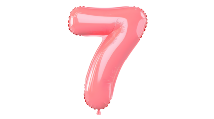 A vibrant pink metallic foil balloon in the shape of the number 7 floating against a transparent background with a 3D effect