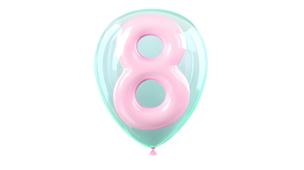 Metallic pink number 8 foil balloon with a glossy three dimensional appearance floating in a minimalist transparent setting with reflections and smooth lighting