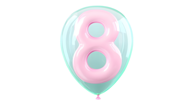 Metallic pink number 8 foil balloon with a glossy three dimensional appearance floating in a minimalist transparent setting with reflections and smooth lighting