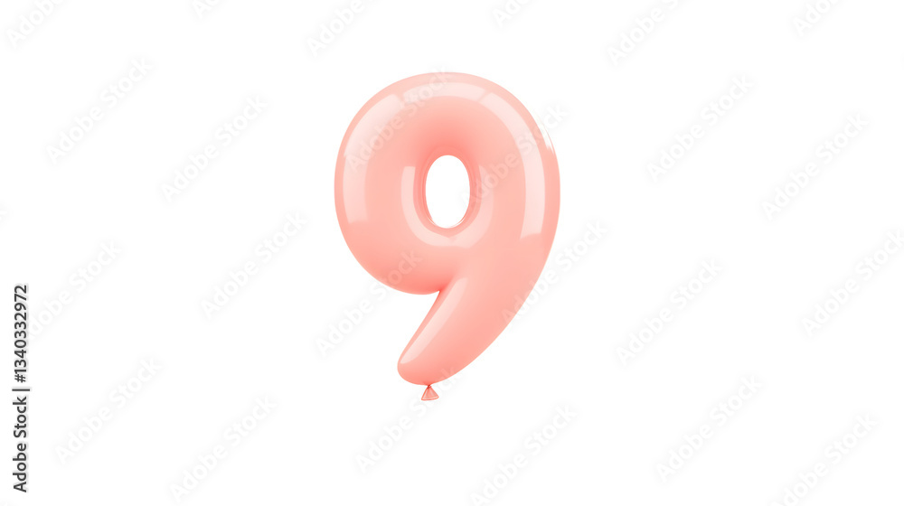 Poster A 3D rendering of a smooth polished pink number 9 foil balloon floating with a soft shadow and highlights against a transparent background