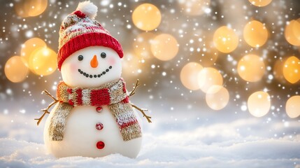Fototapeta premium Charming snowman wearing hat and scarf stands in snowy winter landscape