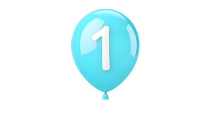 A glossy shiny blue metallic balloon in the shape of the numeral 1 with a sleek reflective surface and a curved inflated form against a transparent background