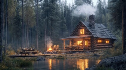 Fototapeta premium Campsite evening gathering forest cabin photography cozy environment warm ambiance nature escape