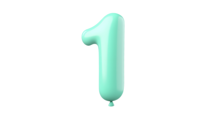 Floating glossy metallic blue number 1 balloon with a smooth surface isolated on a transparent cutout background