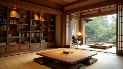 Authentic Japanese Interior with Wooden Details and Garden Window
