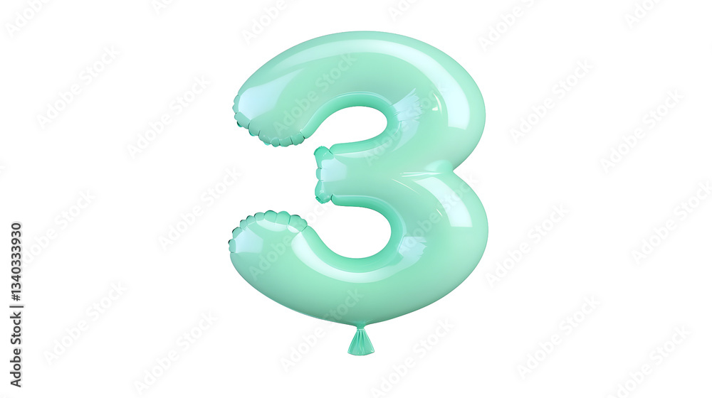 Fototapete A vibrant seamlessly inflated green balloon in the shape of the number 3 with a glossy reflective surface and a clean minimalist appearance against a neutral background