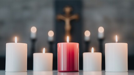 A serene arrangement of lit candles, symbolizing spirituality and reflection, with a cross in the background, creating a peaceful ambiance.