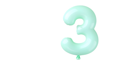 A vibrant green helium foil balloon in the shape of the number 3 perfectly inflated with soft highlights and shadows isolated on a transparent background cutout
