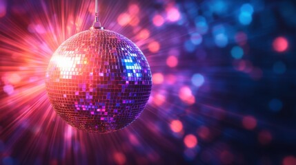 Fototapeta premium Shimmering disco ball casting vibrant light rays in a festive atmosphere creating a dazzling effect with a blurred background and a high angle view