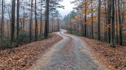 Fototapeta premium Winding gravel pathway through autumn forest nature scene outdoor environment scenic viewpoint