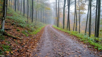 Fototapeta premium Misty autumn pathway forest trail nature photography tranquil environment ground level view serenity