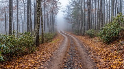 Fototapeta premium Misty autumn trail through dense forest nature photography calm environment serene viewpoint
