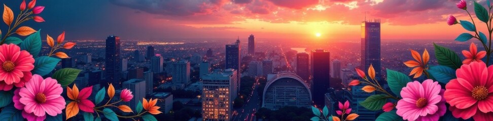 Fototapeta premium Colorful floral pattern overlay on a cityscape at dusk, dusk lighting, urban landscape, cityscape