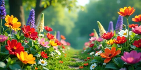 Colorful flowers blooming in a whimsical garden, magic garden doodles, doodle art