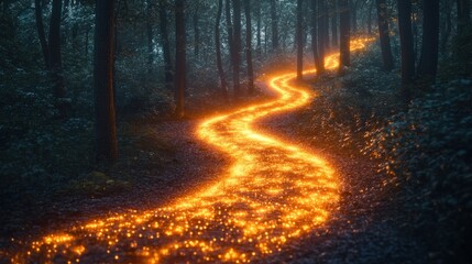 Fototapeta premium Glowing path winding through dark misty forest at night