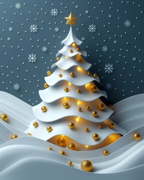 Elegant christmas card design showcasing a golden lighted tree against a snowflake background