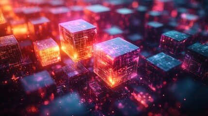 Fototapeta premium Glowing cubes with circuits on digital surface