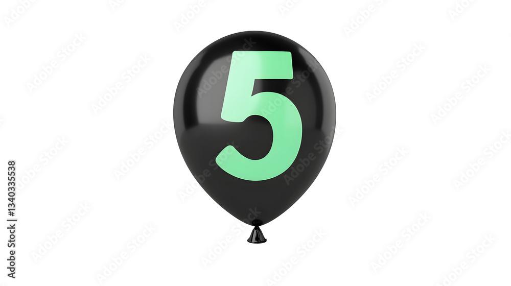 Poster vibrant black helium foil balloon with a green number 5 perfectly inflated and isolated against a tr